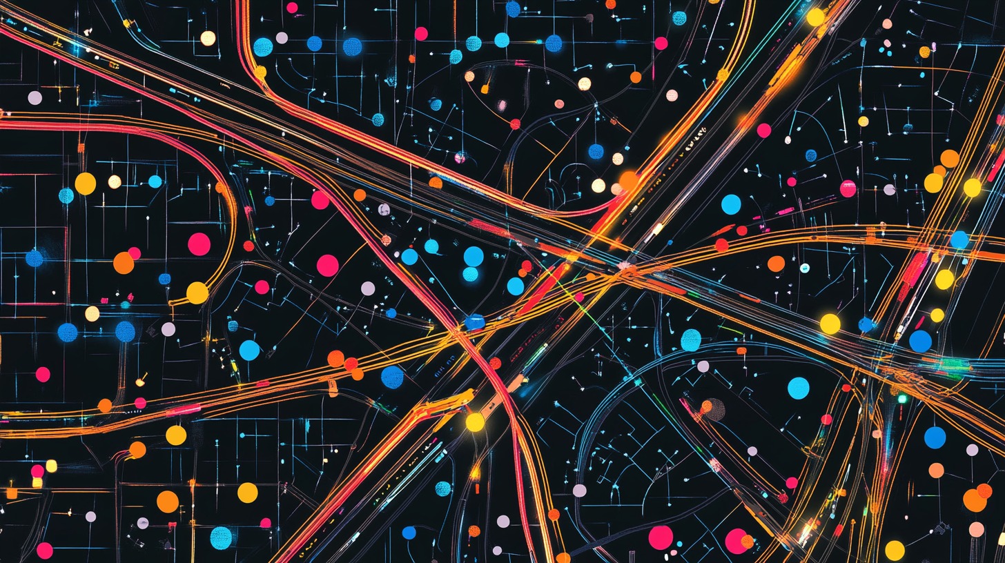 Abstract artwork showing a colorful network of highways and intersections with bright dots symbolizing city activity
